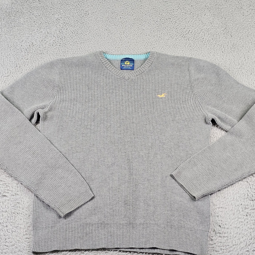 Hollister Sweater Mens Large Gray Cotton V Neck Knit Pullover Embroidered Y2K - Picture 2 of 9